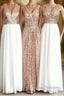 Rose Gold Sequin White Chiffon V Neck Sexy Long Elegant Simple Formal Prom Dress