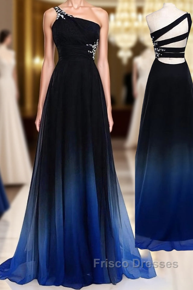 One Shoulder Navy Blue Royal Blue Ombre Gradient Color Chiffon Long Ombre For Sweet 16 Formal Prom Dress Main image