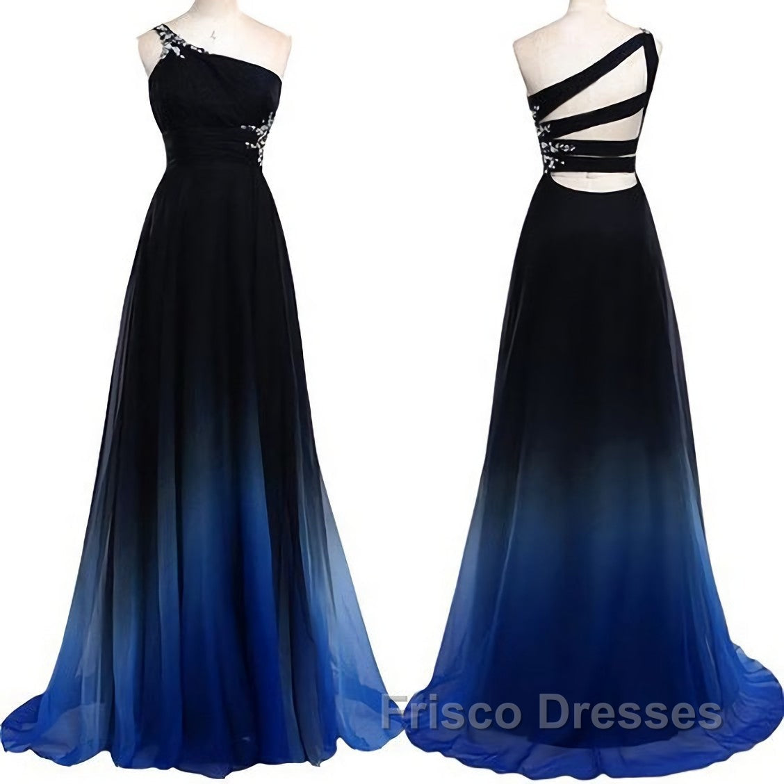 One Shoulder Navy Blue Royal Blue Ombre Gradient Color Chiffon Long Ombre For Sweet 16 Formal Prom Dress Secondary image