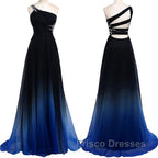 One Shoulder Navy Blue Royal Blue Ombre Gradient Color Chiffon Long Ombre For Sweet 16 Formal Prom Dress