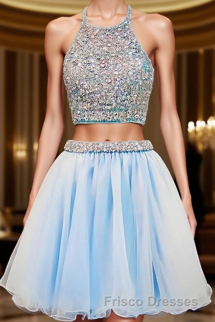 2024 Beautiful Short Two Pieces Light Sky Blue Halter Open Back For Teens Formal Prom Dress