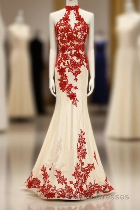 Charming Red Lace And Champagne Tulle Halter Elegant Sparkly Formal Prom Dress