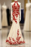 Charming Red Lace And Champagne Tulle Halter Elegant Sparkly Formal Prom Dress