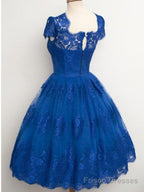 Lace Cap Sleeves Junior Blue Homecoming Dresses