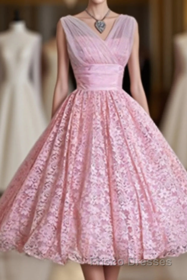 V Neck Lace High Low A Line Vintage Cheap Cute Short Formal Prom Dress Main image