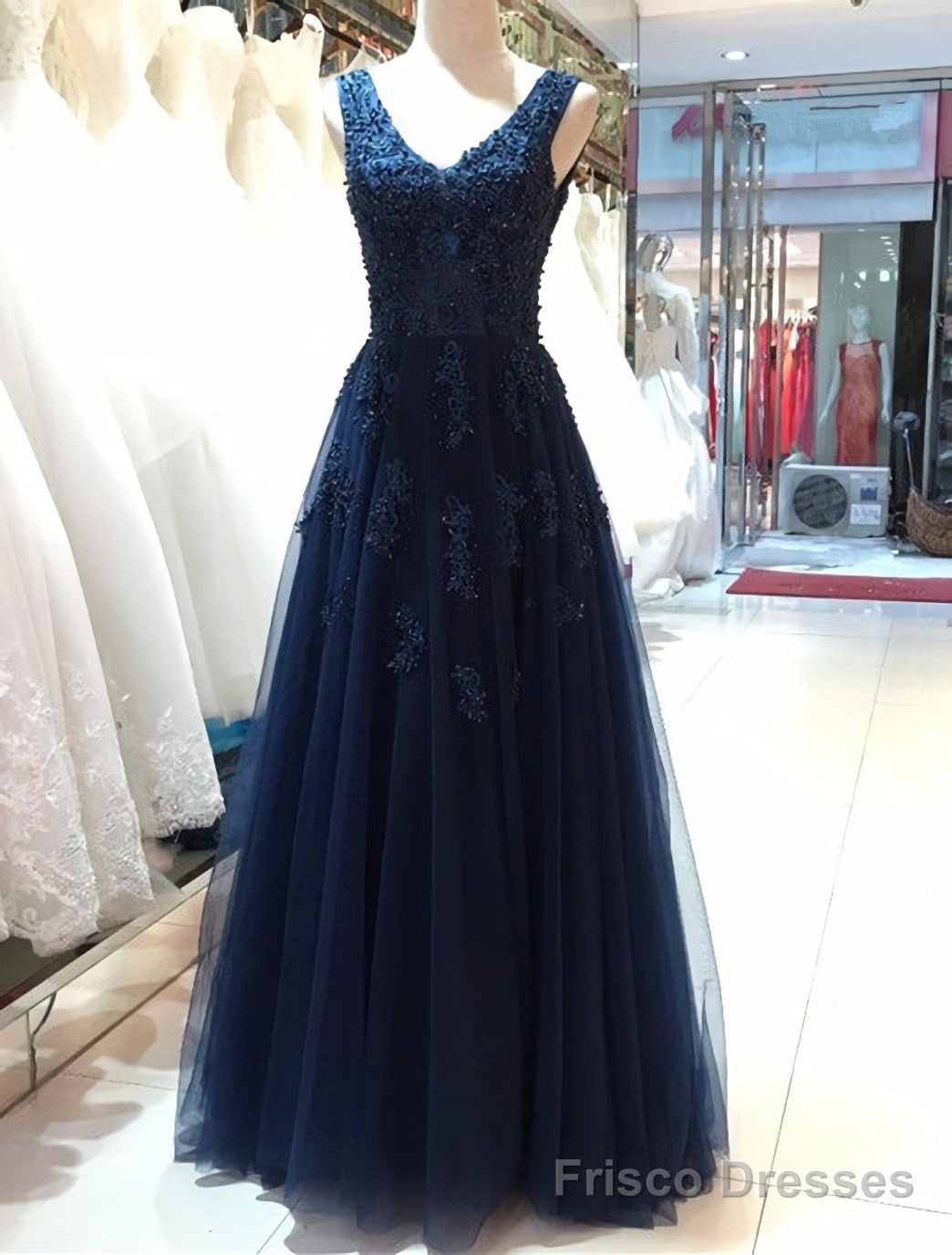 Elegant Navy Blue Tulle Backless Floor Length Prom Dresses, Party Gowns Evening Dresses, Navy Blue Formal Dresses