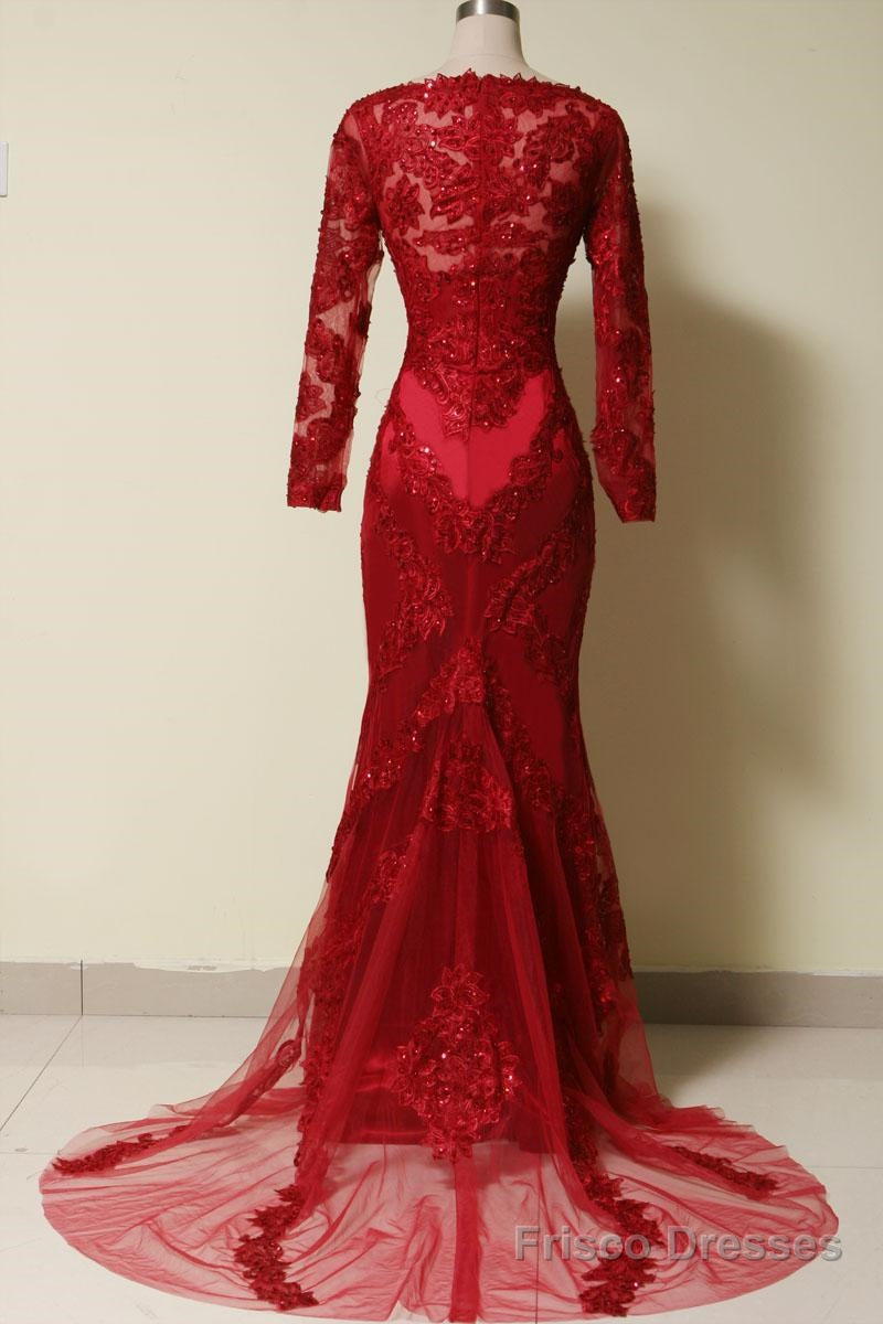 Elegant Long Sleeves Red Lace Mermaid Prom Dress, 2025 Party Dress, Evening Dress, 2025 Secondary image