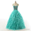 Spaghetti Straps Lace Up Beaded Long Prom Dress, Crystal Turquoise Ball Gown Prom Dress, Cascading Ruffles Tulle Prom Dress