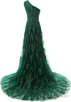 Forest Green Lace Appliques Tulle Floor Length Prom Dress, Featuring One Shoulder Bodice With Bow Accent Belt