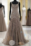 Mermaid Lace Up Brown Tulle Modest Beading V Neck Formal Prom Dress