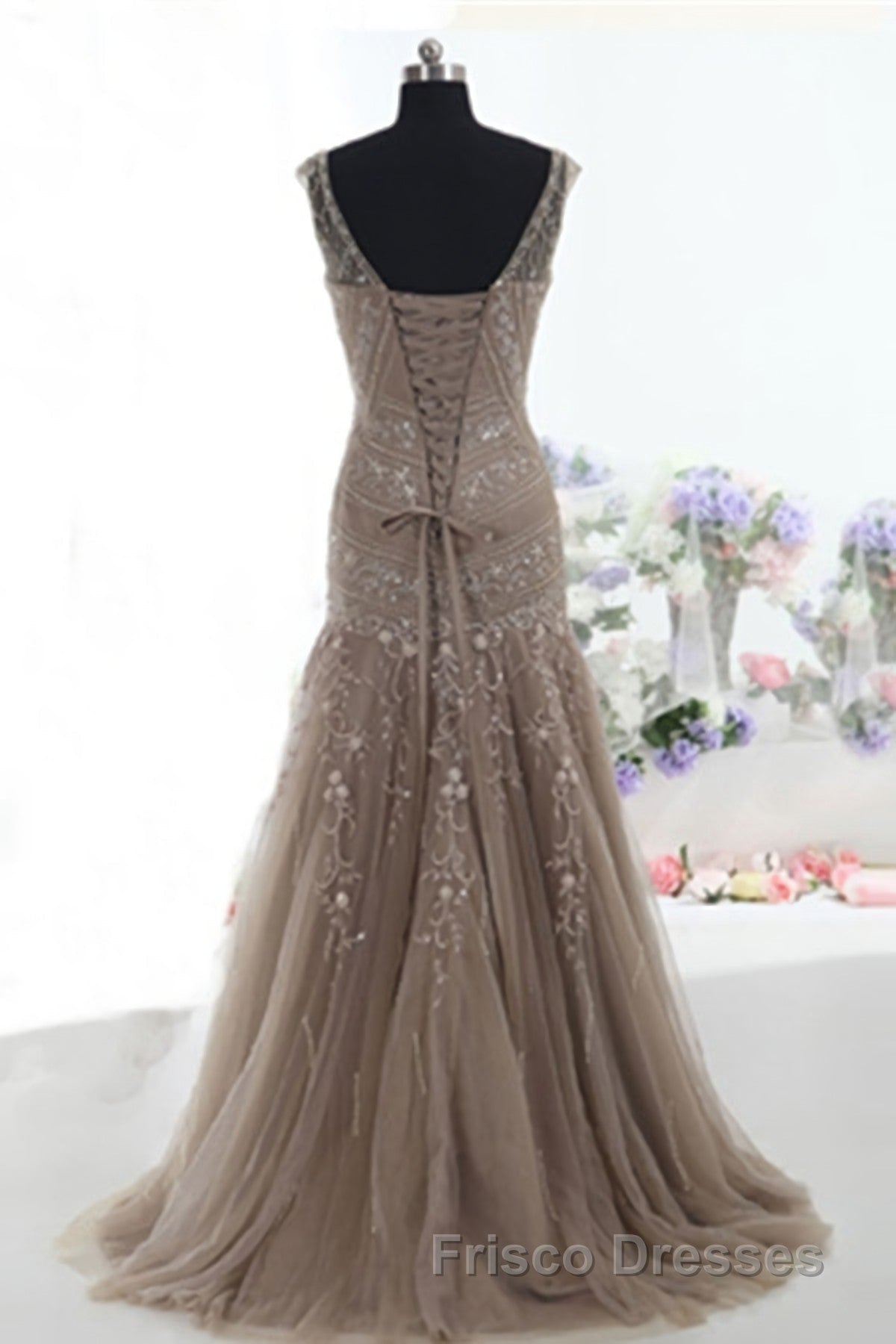Mermaid Lace Up Brown Tulle Modest Beading V Neck Formal Prom Dress Secondary image