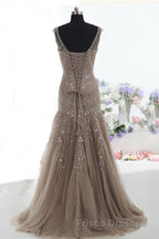 Mermaid Lace Up Brown Tulle Modest Beading V Neck Formal Prom Dress