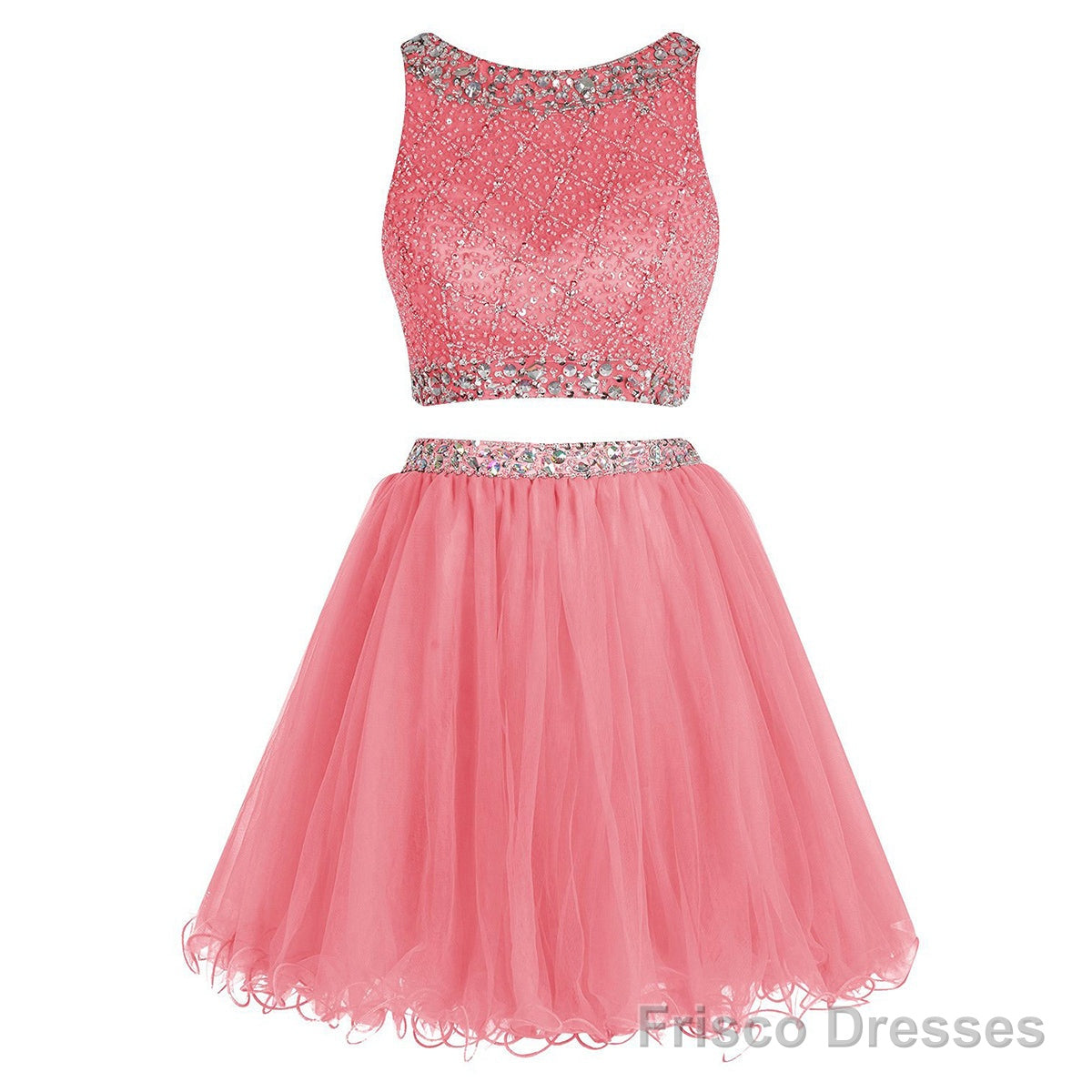 Bateau Neck Illusion Pink Short Crystal Beaded Two Piece Sequined Crop Top Tulle Mini Prom Dresses Main image
