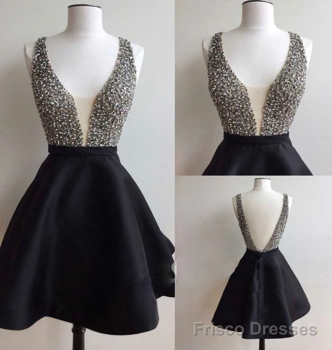Black Satin V-back Rhinestone Little Black Juniors Homecoming Dresses Secondary image