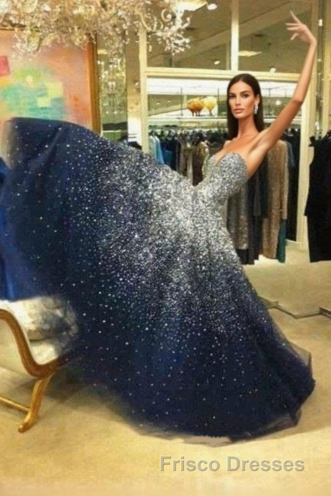 A Line Navy Blue Beading Tulle Formal Prom Dress Main image