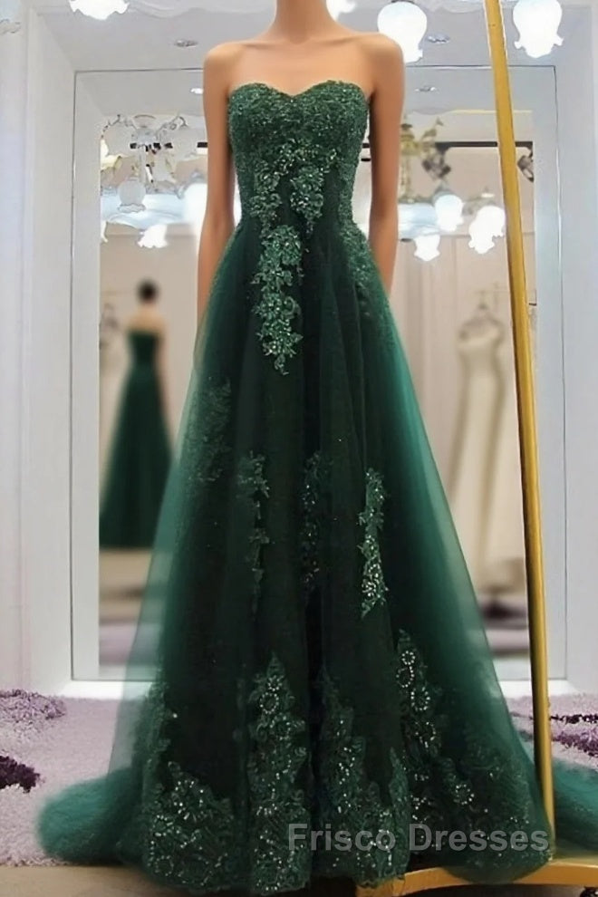 Sweetheart Long Lace Green Sweep Train Lace Up Formal Prom Dress Main image