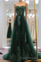 Sweetheart Long Lace Green Sweep Train Lace Up Formal Prom Dress
