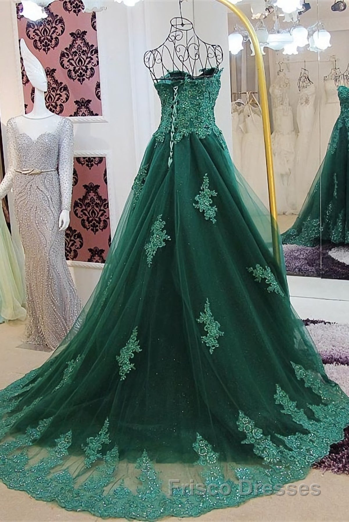 Sweetheart Long Lace Green Sweep Train Lace Up Formal Prom Dress Secondary image