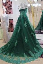 Sweetheart Long Lace Green Sweep Train Lace Up Formal Prom Dress