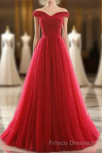 Off The Shoulder Red A Line Pleated Long Red Formal Prom Dress