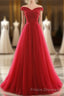 Off The Shoulder Red A Line Pleated Long Red Formal Prom Dress