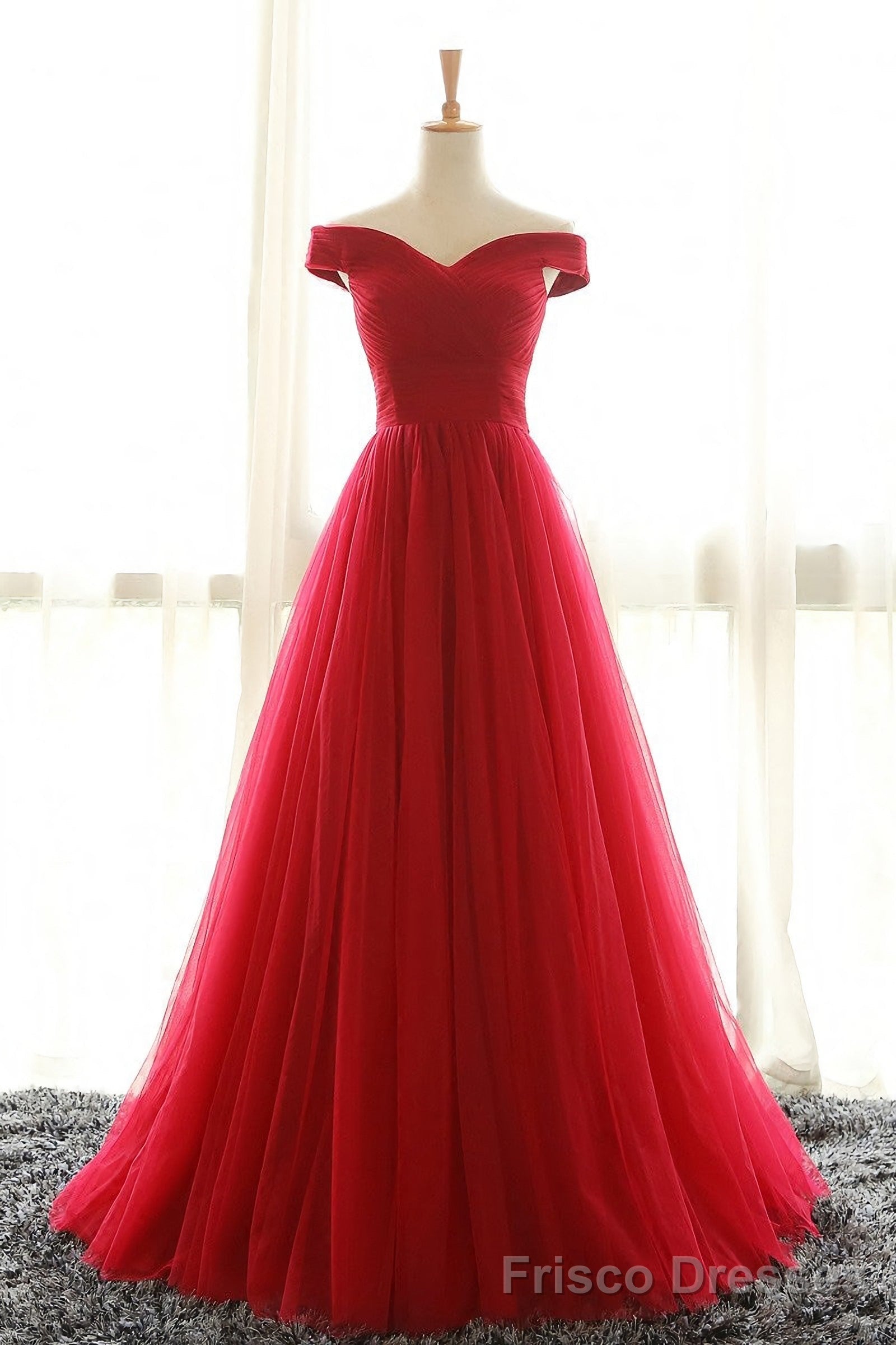 Off The Shoulder Red A Line Pleated Long Red Prom Dresses Main image