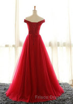 Off The Shoulder Red A Line Pleated Long Red Formal Prom Dress