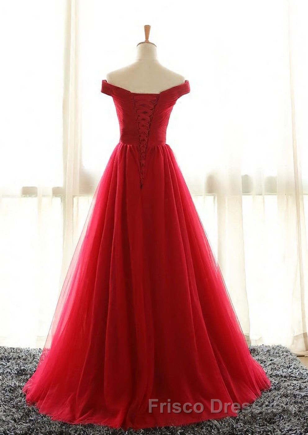 Off The Shoulder Red A Line Pleated Long Red Formal Prom Dress