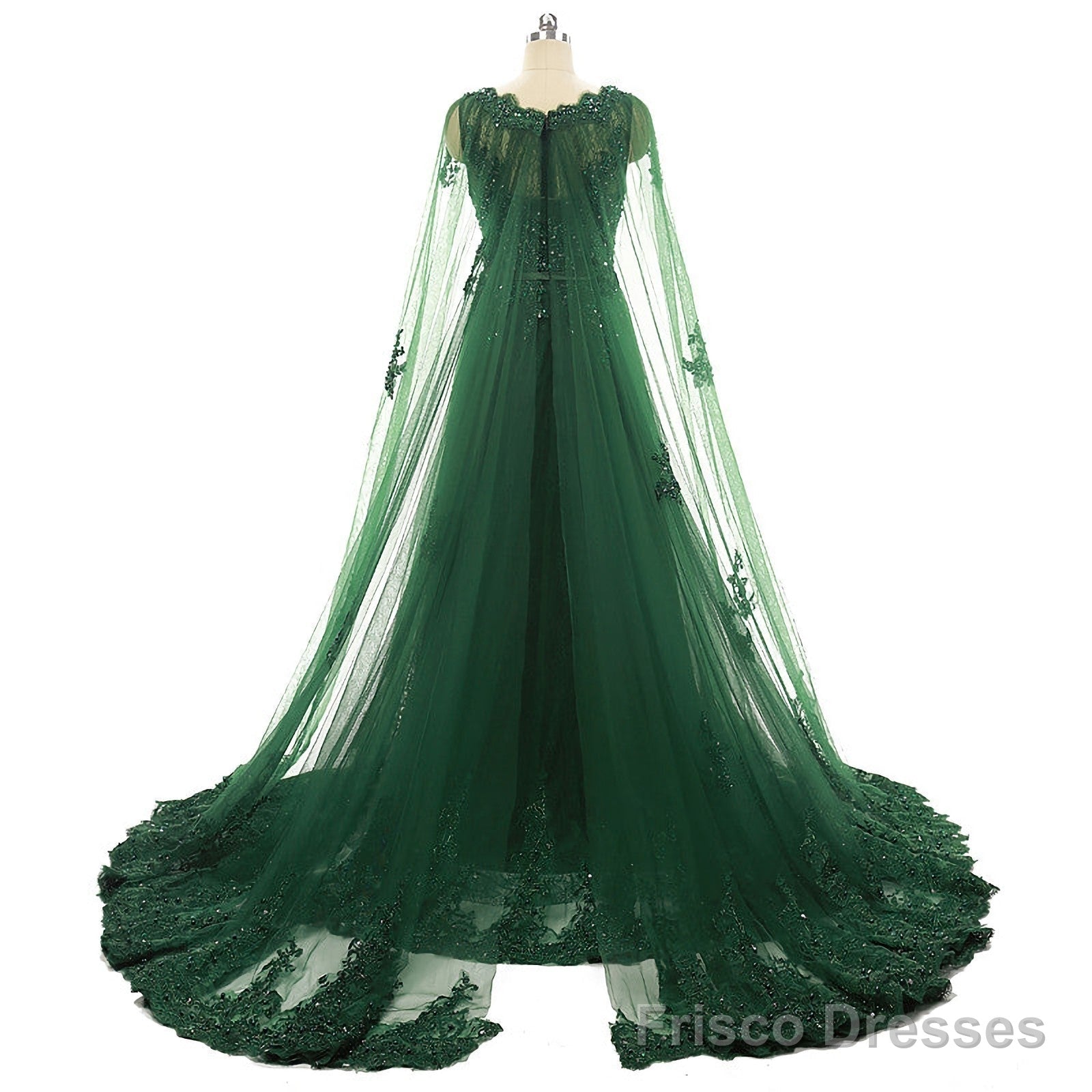 Elegant Women Beaded Lace With Long Appliques Tulle Cape Emerald Green Evening Dresses Main image