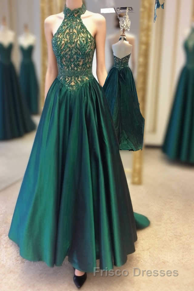 Green Halter Beading Lace A Line For Teens Elegant Backless Fashion 2024 Women Formal Prom Dress