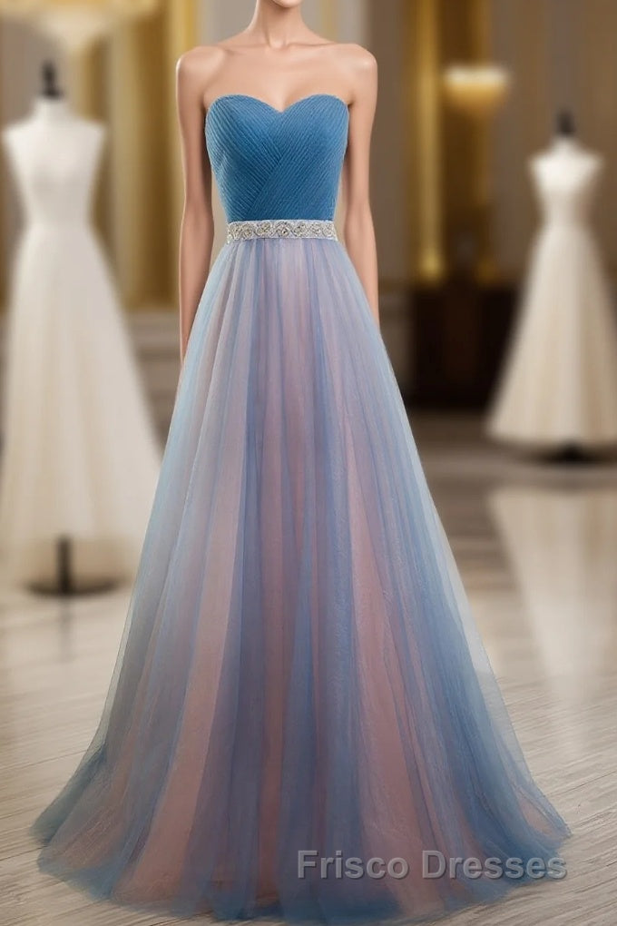 Sweetheart Blue Peach Tulle Strapless Long Pleated Sexy A Line With Beads Sashes Formal Prom Dress
