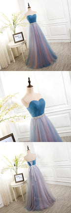 Sweetheart Blue Peach Tulle Strapless Long Pleated Sexy A Line With Beads Sashes Formal Prom Dress