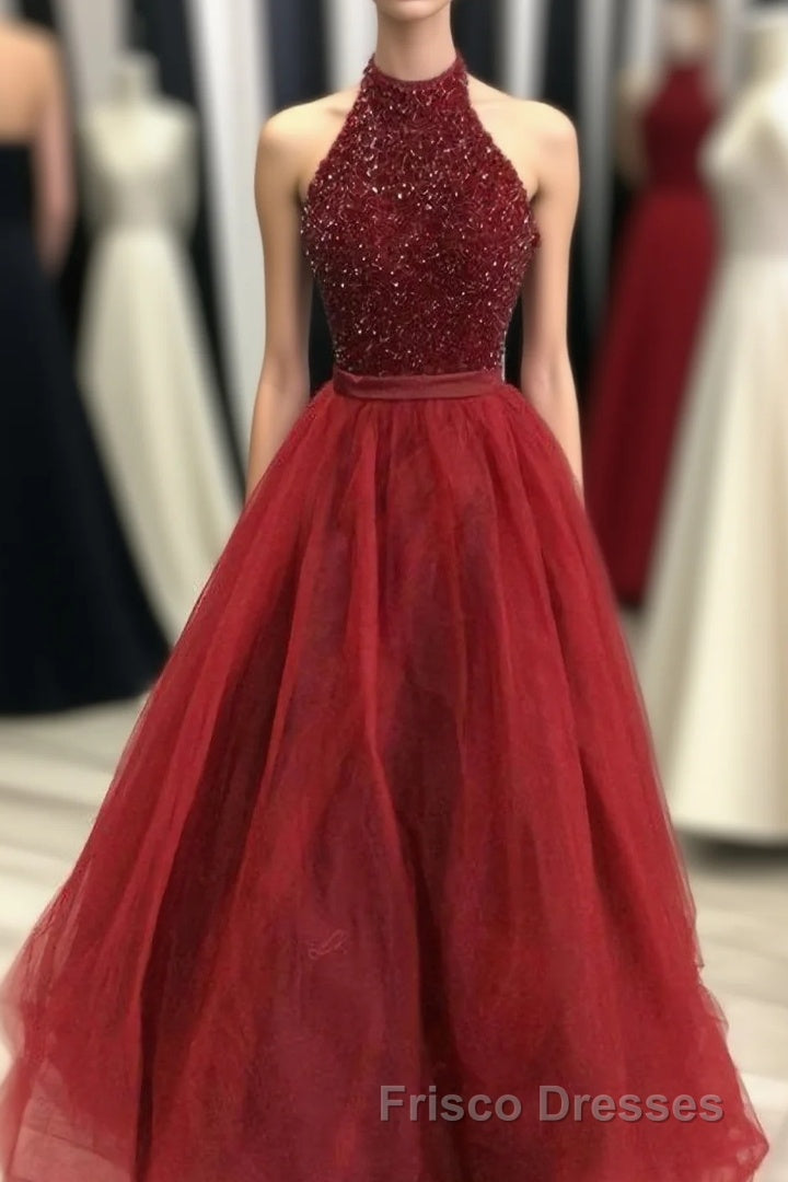 Charming Beading Long Red Halter Formal Prom Dress Main image