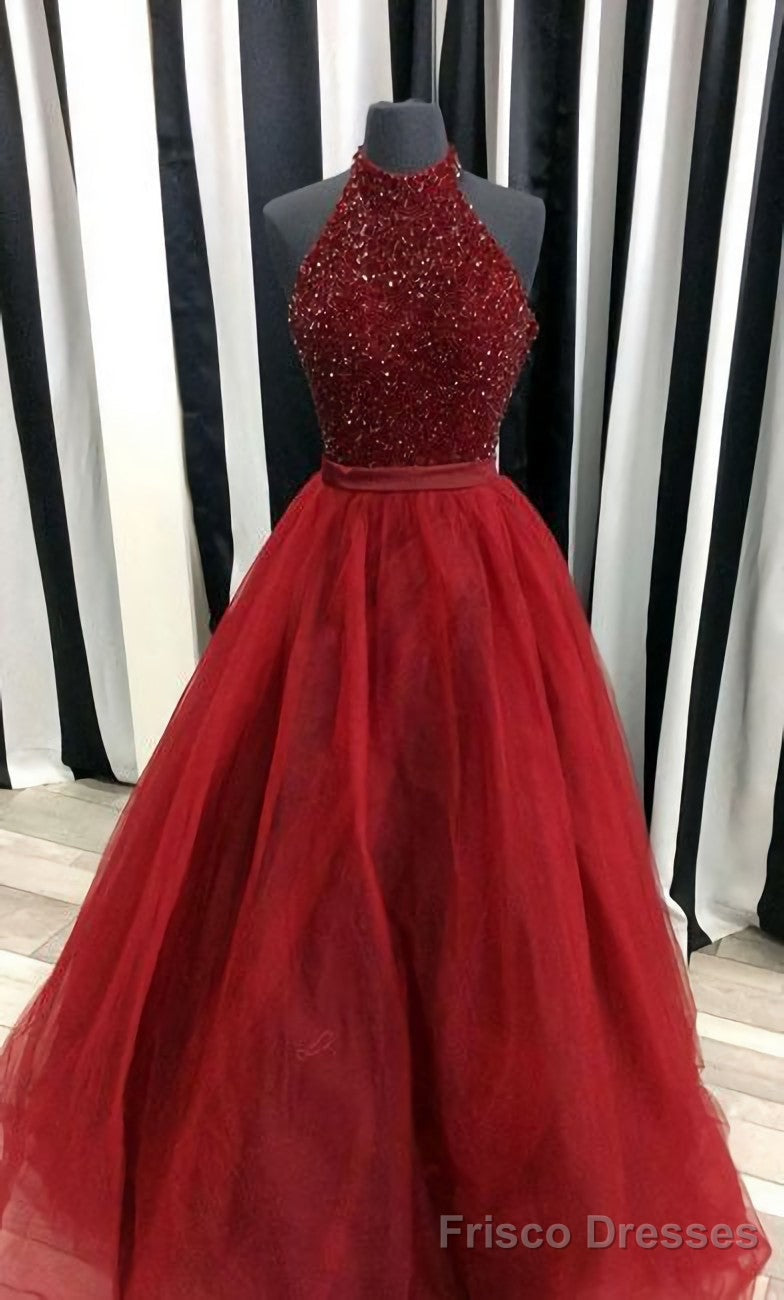 Charming Beading Long Red Halter Prom Dresses Main image