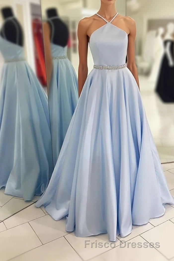 Backless Beading Spaghetti Straps A Line Light Blue Long Formal Prom Dress Main image