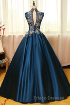Blue Dreses Satins Lace Applique A Line Long Formal Prom Dress