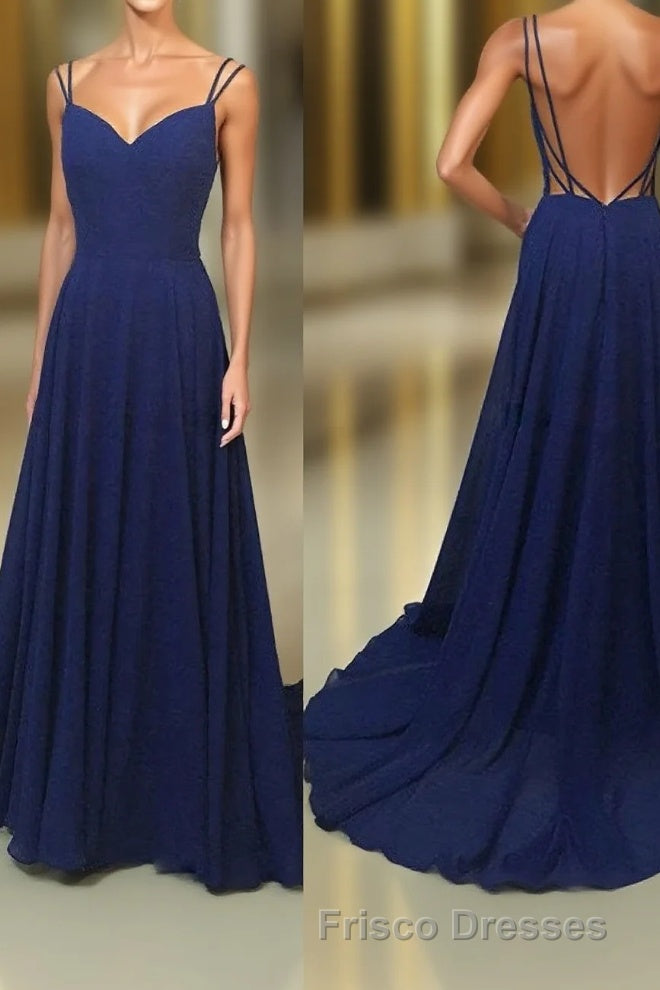 Simple A Line Spaghetti Straps Backless Royal Blue Long Formal Prom Dress