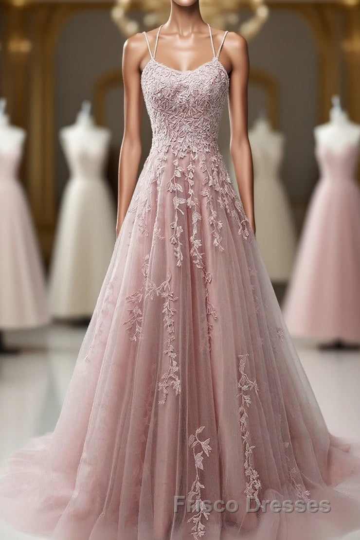 Pink Scoop Tulle Straps With Lace Long Formal Prom Dress, Pink A-Line Formal Prom Dress Main image