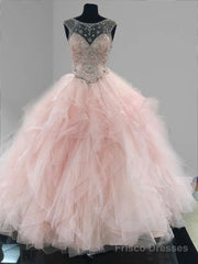 Prom Ball Gown See Through Neck Tulle Light Pink Quinceanera Dresses