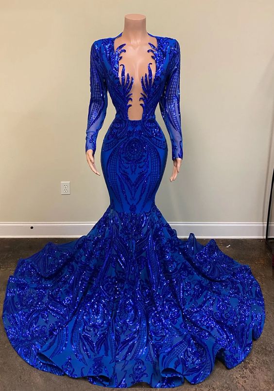 Blue Shiny Sexy V-Neck Long Sleeves Formal Prom Dress Evening Gown Party Dress Main image