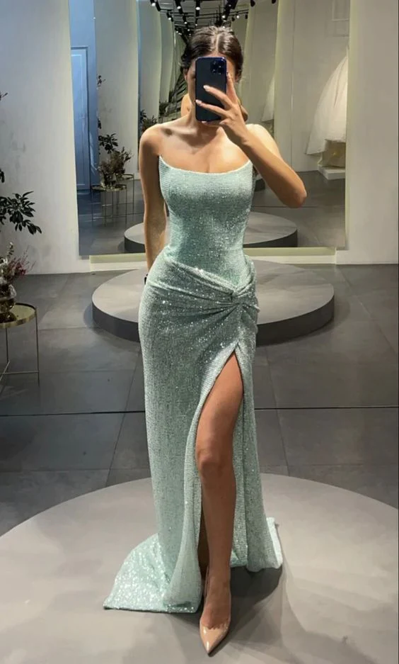 Green/Silver/Red/Brown Gorgeous Shiny High Slit Sexy Long Sequined Evening Dress Prom Dress Party Dress Main image