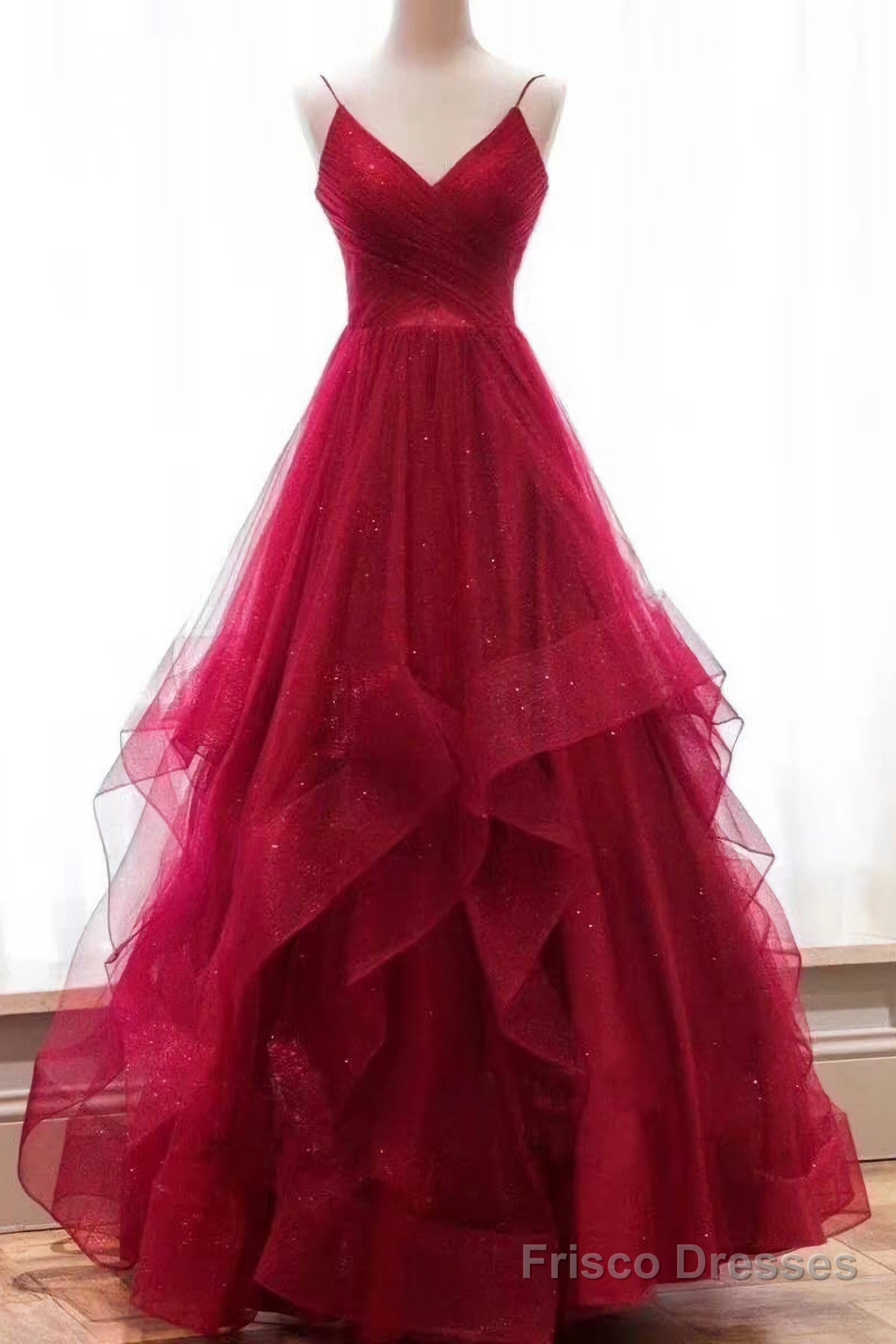 2025 A Line Red Sweetheart Tulle Layered Long Prom Dresses