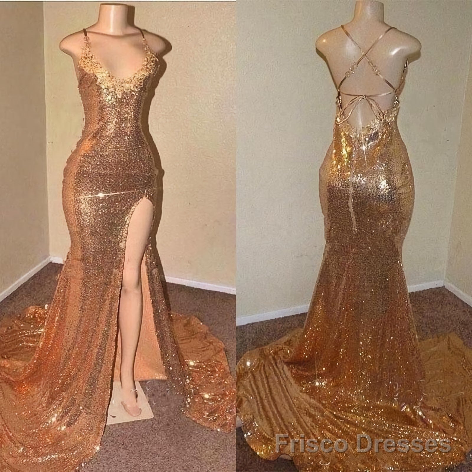 Lace Up Gold Halter Back Side Slit Long Sequence Prom Dresses Secondary image