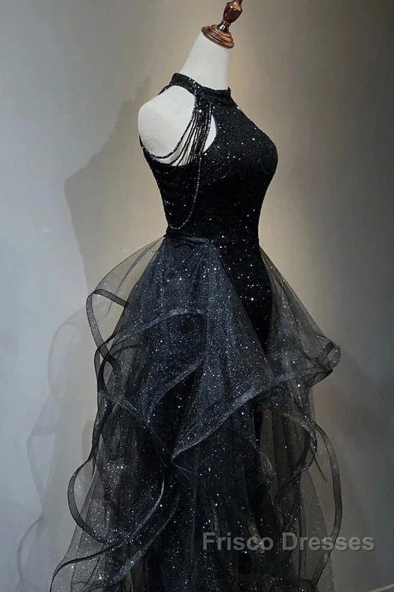 Formal Prom Dress Sparkle & Shine Dress Wedding Partysleeveless Halter Wednesday Addams Family Sequined With Crystals Sequin Ruffles