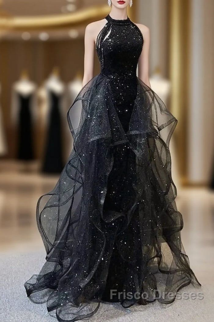 Formal Prom Dress Sparkle & Shine Dress Wedding Partysleeveless Halter Wednesday Addams Family Sequined With Crystals Sequin Ruffles Main image
