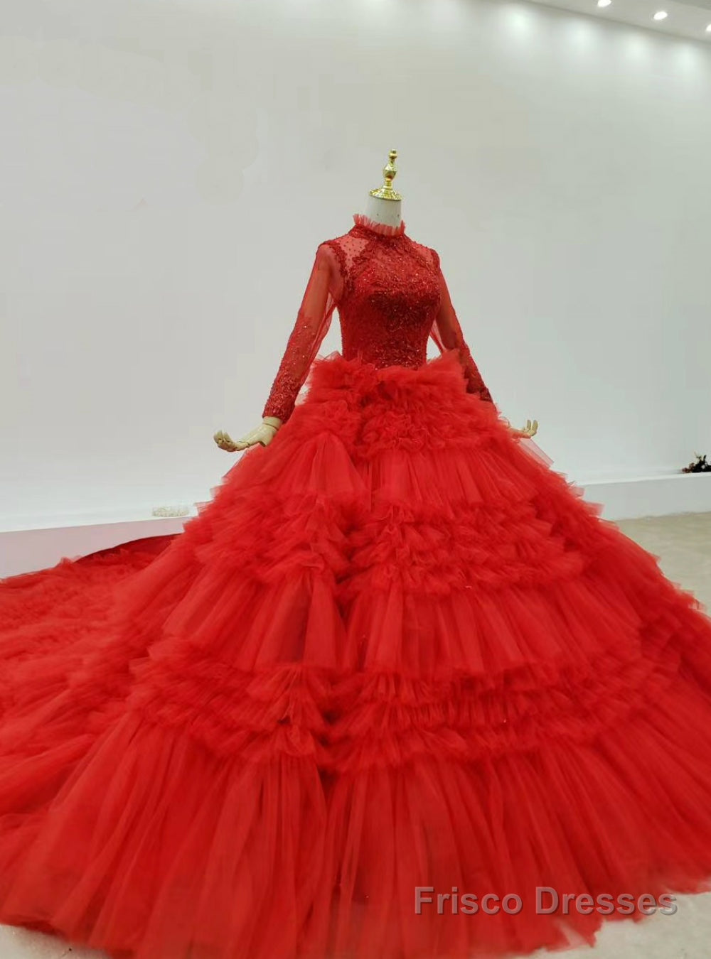 Prom Season Red Ball Gown Tulle Long Sleeve Beading Tiers Wedding Dress With Long Train Main image