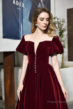 Puff Sleeve Ankle Length Velvet Deep V-Neck Vintage Prom Dresses