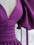 Puffy Sleeve Backless Satin Purple Backless Formal Prom Dress