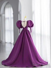 Puffy Sleeve Backless Satin Purple Backless Prom Dress