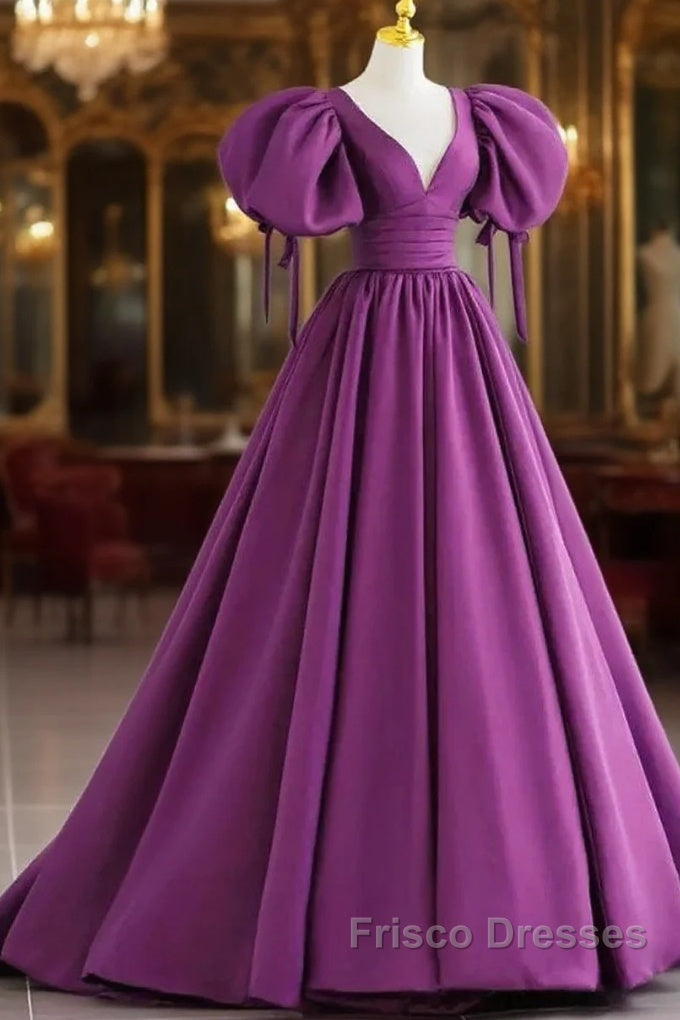 Puffy Sleeve Backless Satin Purple Backless Formal Prom Dress Main image